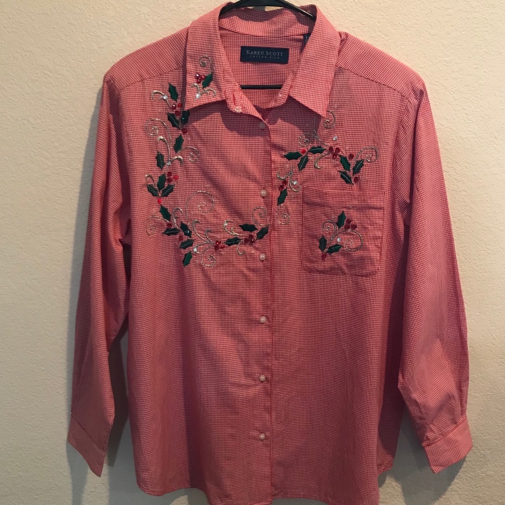 Karen Scott Gingham Christmas Shirt Size M